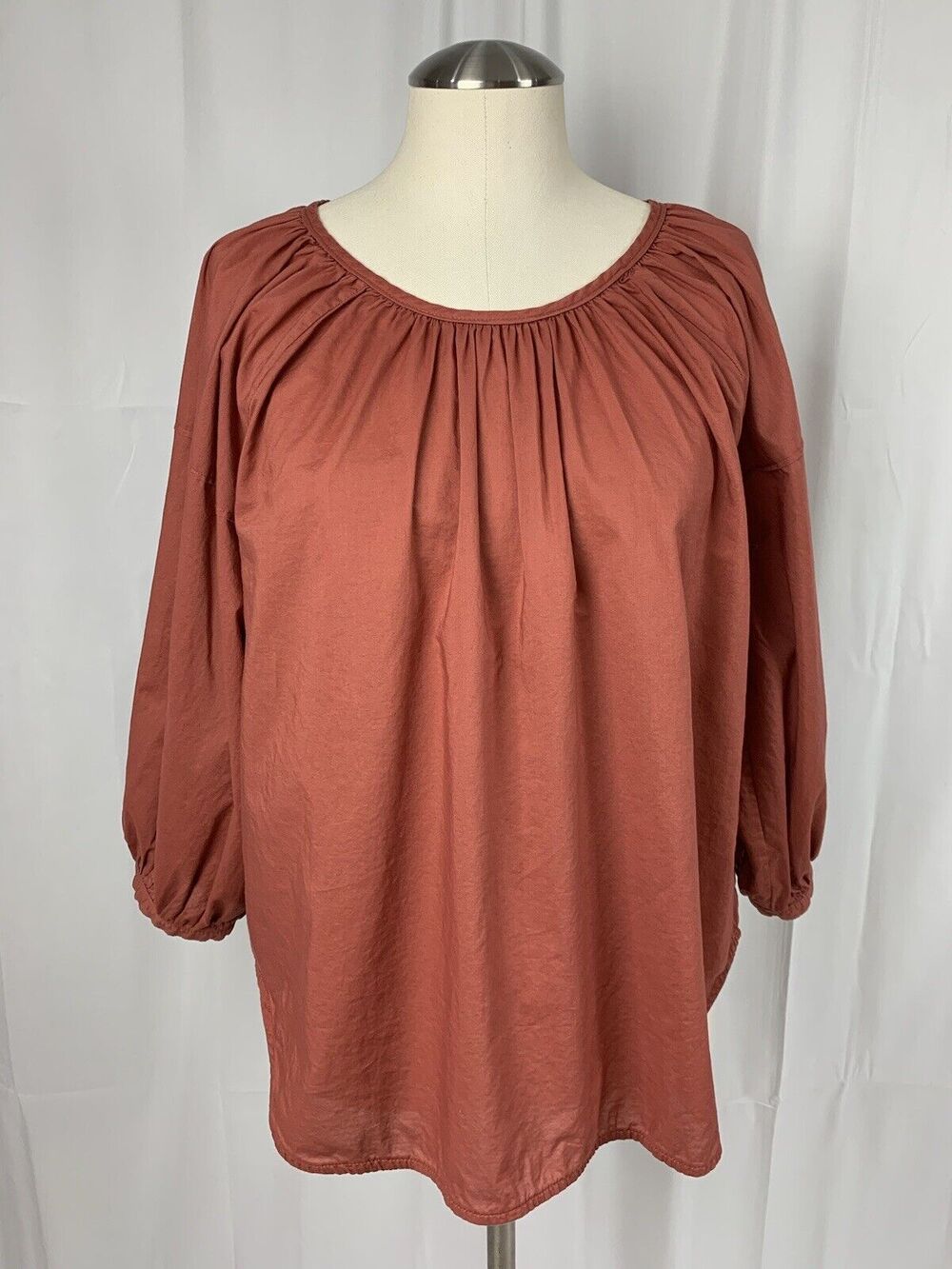 Everlane Ruched Air Blouse Peasant Tie Back ALine 3/4 Sleeve Red Orange size 2